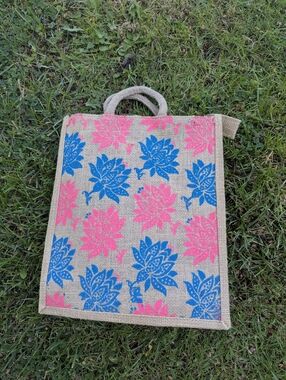 Jute Tote Bag with Blue and Pink Floral Print With Zipper